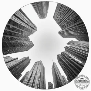 A fish-eye lens view of skyscrapers in a fina... - эскиз тату (№1754796875_0, 10.08.2025 03:34) — tattoo-photo.ru