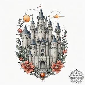Tattoo design a stylized fortress or citadel,... - эскиз тату (№1754800239_0, 10.08.2025 04:30) — tattoo-photo.ru