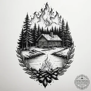 The interior of a log cabin with a fire roari... - эскиз тату (№1754805804_0, 10.08.2025 06:03) — tattoo-photo.ru