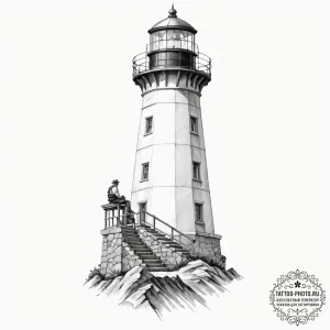 A shot of a lighthouse keeper looking out to... - эскиз тату (№1754809685_0, 10.08.2025 07:08) — tattoo-photo.ru