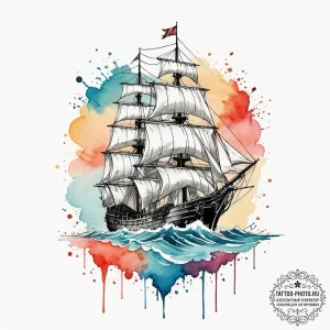 Frigate, artistic tattoo sketch, on a clean w... - эскиз тату (№1754809879_0, 10.08.2025 07:11) — tattoo-photo.ru
