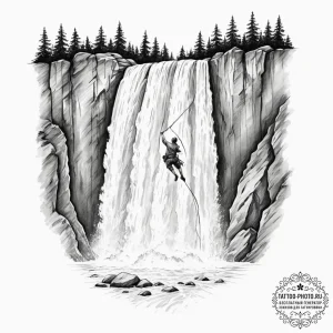 A person repelling down a waterfall. - эскиз тату (№1754828843_0, 10.08.2025 12:27) — tattoo-photo.ru