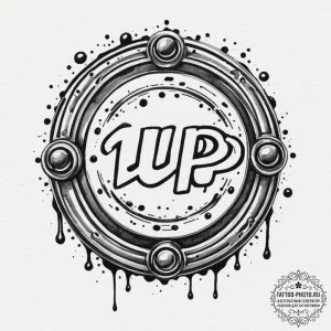 Tattoo sketch a retro arcade button with "1up... - эскиз тату (№1754830437_0, 10.08.2025 12:53) — tattoo-photo.ru