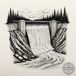 A shot of a hydroelectric dam, water powerful... - эскиз тату (№1754833862_0, 10.08.2025 13:51) — tattoo-photo.ru