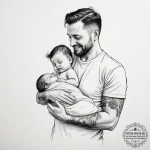 A tired but happy new father holding his slee... - эскиз тату (№1754837051_0, 10.08.2025 14:44) — tattoo-photo.ru