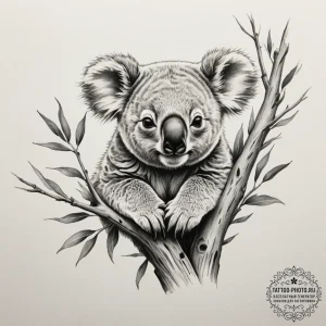 A sleepy koala clinging to a eucalyptus tree... - эскиз тату (№1754839862_0, 10.08.2025 15:31) — tattoo-photo.ru