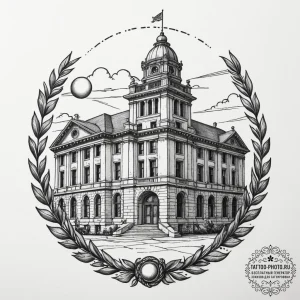 The stark, brutalist architecture of a govern... - эскиз тату (№1754841062_0, 10.08.2025 15:51) — tattoo-photo.ru