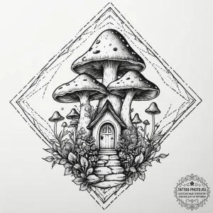 Tattoo design a whimsical mushroom house., ta... - эскиз тату (№1754842257_0, 10.08.2025 16:10) — tattoo-photo.ru