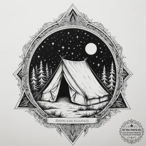 A single, illuminated tent in the vast, dark... - эскиз тату (№1754843857_0, 10.08.2025 16:37) — tattoo-photo.ru