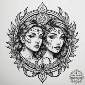 Tattoo sketch gemini figures as ancient shama... - эскиз тату (№1754846441_0, 10.08.2025 17:20) — tattoo-photo.ru
