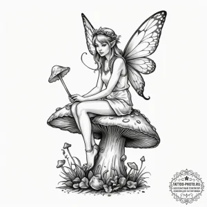 Fairy sitting on a mushroom - эскиз тату (№1754851254_0, 10.08.2025 18:40) — tattoo-photo.ru