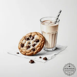 A warm, gooey chocolate chip cookie, freshly... - эскиз тату (№1754853466_0, 10.08.2025 19:17) — tattoo-photo.ru