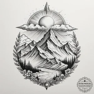A majestic, snow-capped mountain peak breakin... - эскиз тату (№1754854650_0, 10.08.2025 19:37) — tattoo-photo.ru