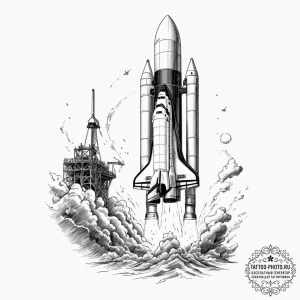 A space shuttle on the launchpad, steam billo... - эскиз тату (№1754860031_0, 10.08.2025 21:07) — tattoo-photo.ru