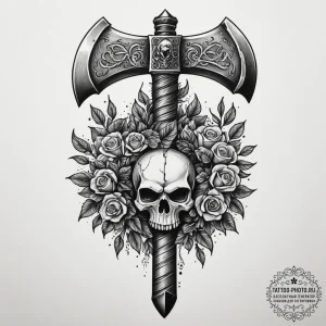 Tattoo sketch a barbarian's axe with a skull... - эскиз тату (№1754860236_0, 10.08.2025 21:10) — tattoo-photo.ru