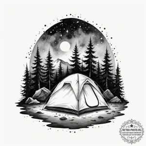 A single, illuminated tent in the vast, dark... - эскиз тату (№1754861240_0, 10.08.2025 21:27) — tattoo-photo.ru