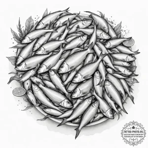 A shot of a bustling open-air fish market. - эскиз тату (№1754865255_0, 10.08.2025 22:34) — tattoo-photo.ru