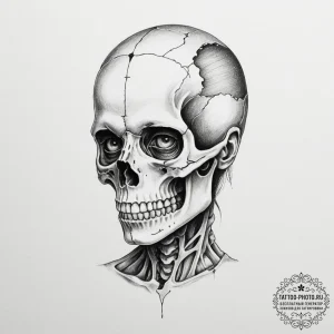 A half-human, half-skeleton face, artistic ta... - эскиз тату (№1754865853_0, 10.08.2025 22:44) — tattoo-photo.ru