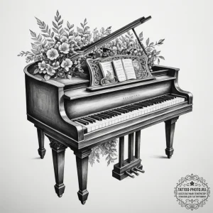 A close-up of the keys of a vintage, well-use... - эскиз тату (№1754869473_0, 10.08.2025 23:44) — tattoo-photo.ru