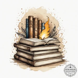 Tattoo design an ancient library filled with... - эскиз тату (№1754930149_0, 11.08.2025 16:35) — tattoo-photo.ru