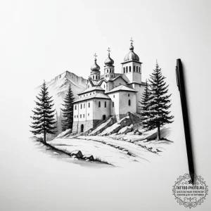 The quiet interior of a monastery. - эскиз тату (№1754932743_0, 11.08.2025 17:19) — tattoo-photo.ru