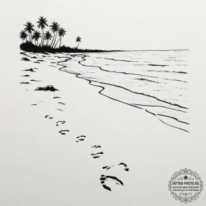 A shot of a deserted beach with footprints le... - эскиз тату (№1754932940_0, 11.08.2025 17:22) — tattoo-photo.ru