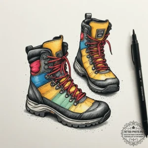 Tattoo sketch a pair of hiking boots, one on... - эскиз тату (№1754933137_0, 11.08.2025 17:25) — tattoo-photo.ru