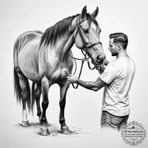 A person grooming a horse. - эскиз тату (№1754934320_0, 11.08.2025 17:45) — tattoo-photo.ru