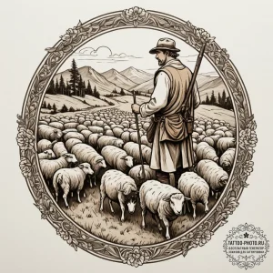 A shot of a shepherd guiding a flock of sheep... - эскиз тату (№1754934712_0, 11.08.2025 17:51) — tattoo-photo.ru