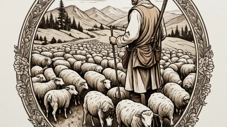A shot of a shepherd guiding a flock of sheep... - эскиз тату (№1754934712_0, 11.08.2025 17:51) — tattoo-photo.ru