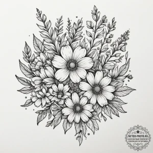 Tattoo design a cluster of wildflowers, each... - эскиз тату (№1754936683_0, 11.08.2025 18:24) — tattoo-photo.ru