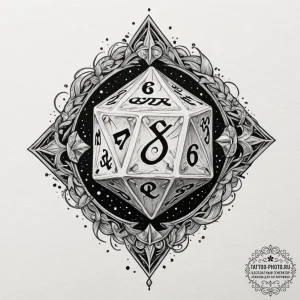 Tattoo sketch a stylized d20 dice rolling mid... - эскиз тату (№1754936879_0, 11.08.2025 18:27) — tattoo-photo.ru