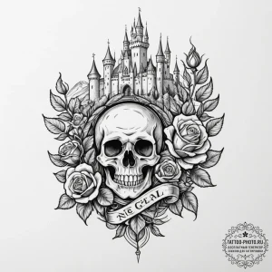 Tattoo design a medieval village with a castl... - эскиз тату (№1754938056_0, 11.08.2025 18:47) — tattoo-photo.ru