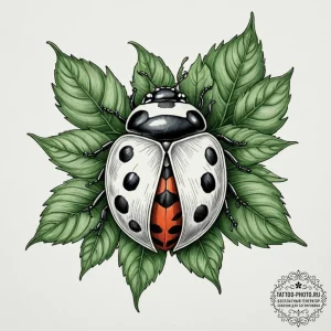 A detailed macro shot of a ladybug on a green... - эскиз тату (№1754938448_0, 11.08.2025 18:54) — tattoo-photo.ru