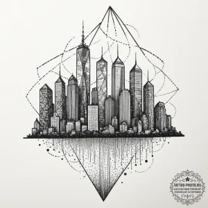 Reflections of a city skyline in the glass fa... - эскиз тату (№1754947620_0, 11.08.2025 21:27) — tattoo-photo.ru