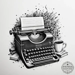 A cozy, messy writer's desk with a vintage ty... - эскиз тату (№1754948613_0, 11.08.2025 21:43) — tattoo-photo.ru