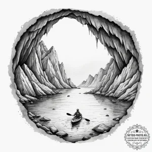 A kayaking trip through a narrow, serene sea... - эскиз тату (№1754948811_0, 11.08.2025 21:46) — tattoo-photo.ru
