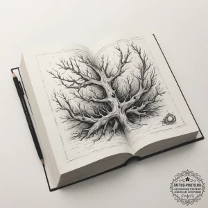 An open book with a fantasy world growing out... - эскиз тату (№1754949997_0, 11.08.2025 22:06) — tattoo-photo.ru