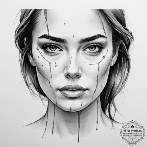 A close-up of a single tear rolling down a pe... - эскиз тату (№1754952611_0, 11.08.2025 22:50) — tattoo-photo.ru