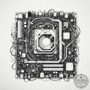 A close-up of a computer motherboard., artist... - эскиз тату (№1754954420_0, 11.08.2025 23:20) — tattoo-photo.ru