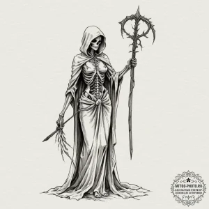 Tattoo sketch: marzanna depicted as a skeleta... - эскиз тату (№1754958605_0, 12.08.2025 00:30) — tattoo-photo.ru