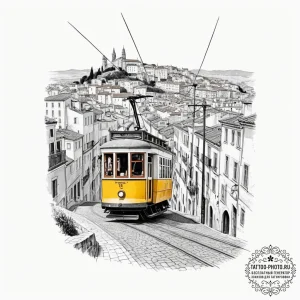 A vintage tram climbing a steep hill in lisbo... - эскиз тату (№1754959407_0, 12.08.2025 00:43) — tattoo-photo.ru