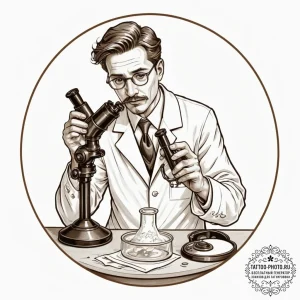 A scientist in a lab coat, looking at a petri... - эскиз тату (№1754967255_0, 12.08.2025 02:54) — tattoo-photo.ru