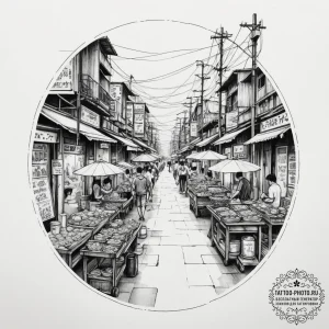 A bustling, chaotic street market in bangkok,... - эскиз тату (№1754968664_0, 12.08.2025 03:17) — tattoo-photo.ru