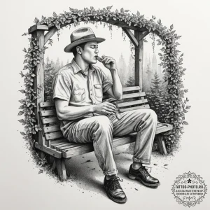 A person playing a harmonica on a porch swing... - эскиз тату (№1754971658_0, 12.08.2025 04:07) — tattoo-photo.ru