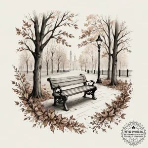 A lonely bench in a city park during autumn,... - эскиз тату (№1754972461_0, 12.08.2025 04:21) — tattoo-photo.ru
