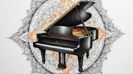 A person playing a grand piano in an empty co... - эскиз тату (№1754985606_0, 12.08.2025 08:00) — tattoo-photo.ru
