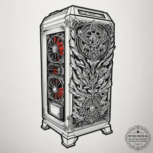 Tattoo sketch a gaming pc tower with glowing... - эскиз тату (№1754987767_0, 12.08.2025 08:36) — tattoo-photo.ru
