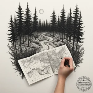 A person holding a map, looking lost in a den… — эскиз тату (№1754996712_0, 12.08.2025 11:05) — tattoo-photo.ru