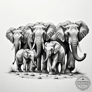 A family of elephants walking in a line towar... - эскиз тату (№1755006002_0, 12.08.2025 13:40) — tattoo-photo.ru